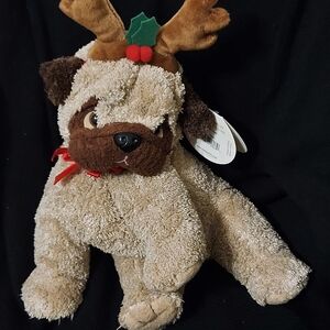 Bestever Holiday Reindeer Pug Plush, 11” Stuffed Animal Toy, Tan/Brown Christmas